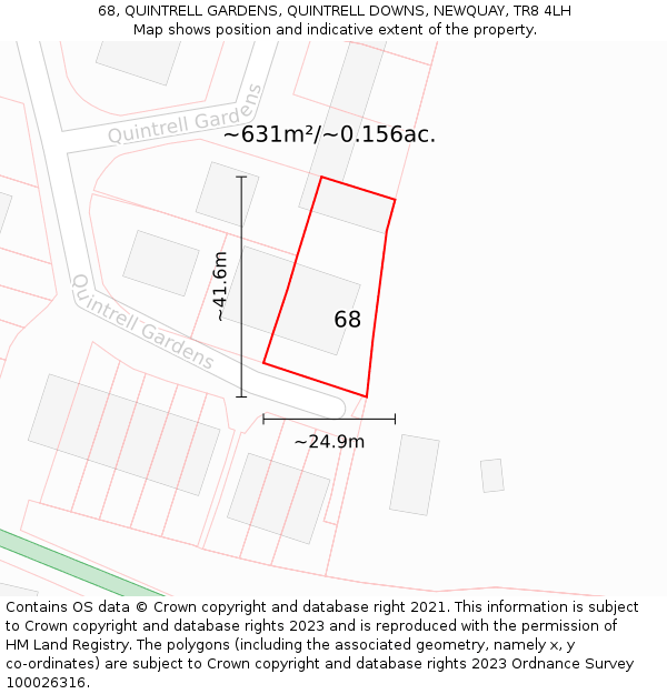 68, QUINTRELL GARDENS, QUINTRELL DOWNS, NEWQUAY, TR8 4LH: Plot and title map