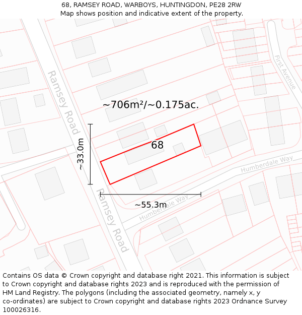 68, RAMSEY ROAD, WARBOYS, HUNTINGDON, PE28 2RW: Plot and title map