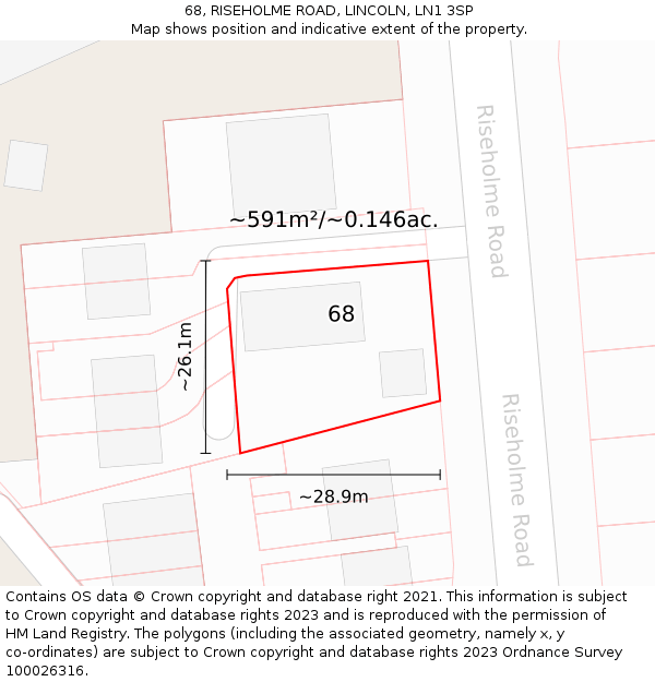 68, RISEHOLME ROAD, LINCOLN, LN1 3SP: Plot and title map