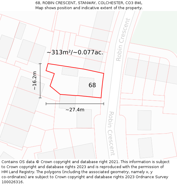 68, ROBIN CRESCENT, STANWAY, COLCHESTER, CO3 8WL: Plot and title map