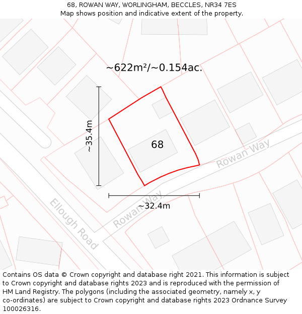 68, ROWAN WAY, WORLINGHAM, BECCLES, NR34 7ES: Plot and title map