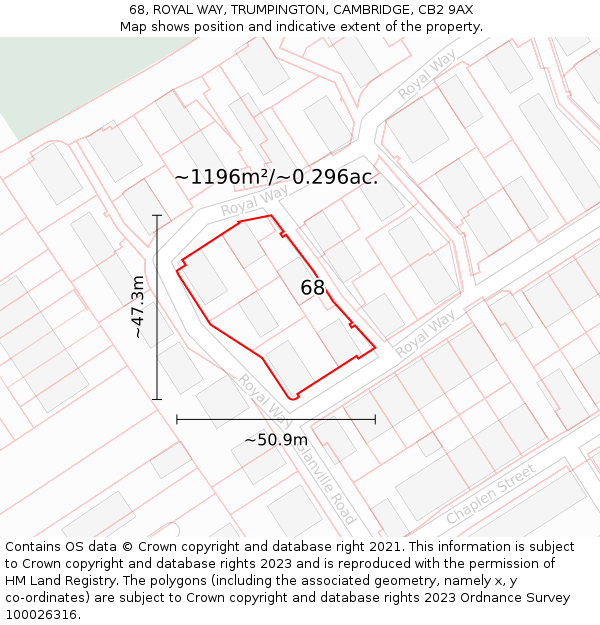 68, ROYAL WAY, TRUMPINGTON, CAMBRIDGE, CB2 9AX: Plot and title map