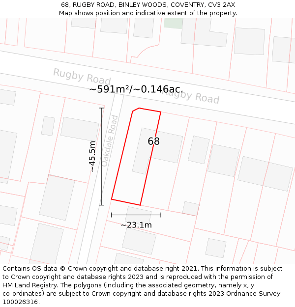 68, RUGBY ROAD, BINLEY WOODS, COVENTRY, CV3 2AX: Plot and title map
