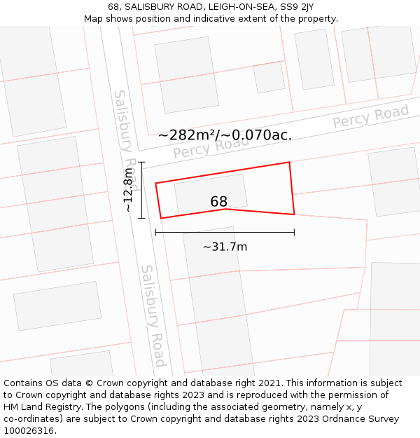 68, SALISBURY ROAD, LEIGH-ON-SEA, SS9 2JY: Plot and title map