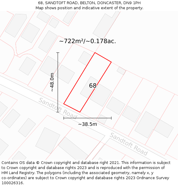 68, SANDTOFT ROAD, BELTON, DONCASTER, DN9 1PH: Plot and title map