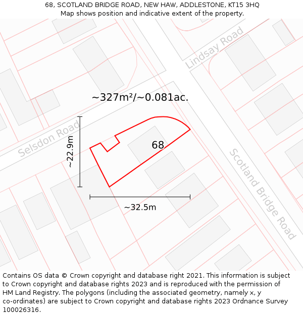 68, SCOTLAND BRIDGE ROAD, NEW HAW, ADDLESTONE, KT15 3HQ: Plot and title map