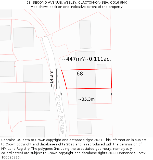 68, SECOND AVENUE, WEELEY, CLACTON-ON-SEA, CO16 9HX: Plot and title map