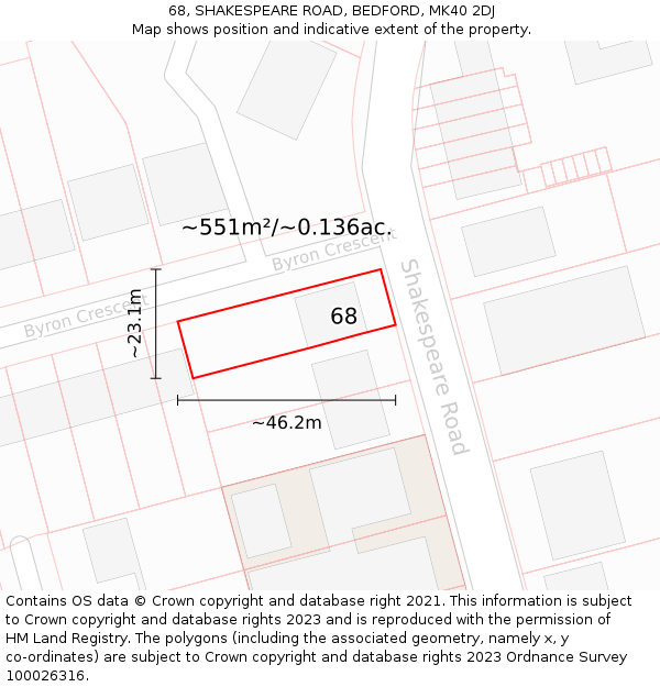 68, SHAKESPEARE ROAD, BEDFORD, MK40 2DJ: Plot and title map