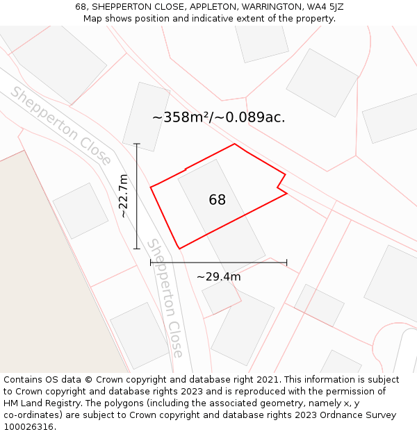 68, SHEPPERTON CLOSE, APPLETON, WARRINGTON, WA4 5JZ: Plot and title map