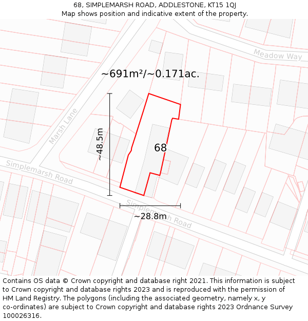 68, SIMPLEMARSH ROAD, ADDLESTONE, KT15 1QJ: Plot and title map