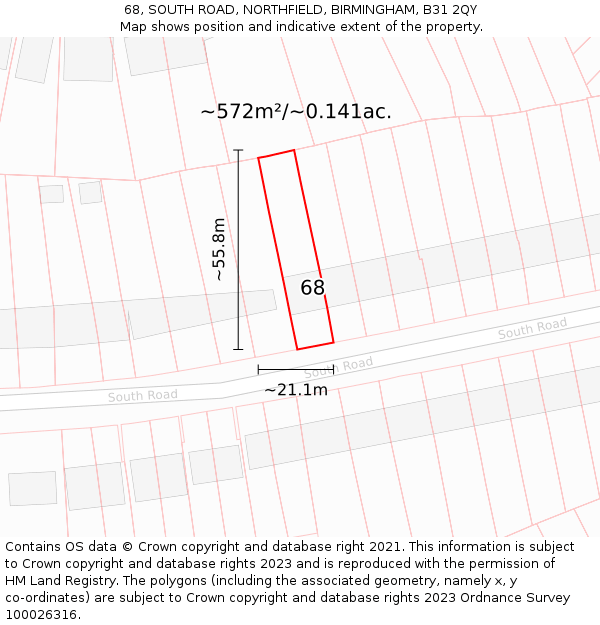 68, SOUTH ROAD, NORTHFIELD, BIRMINGHAM, B31 2QY: Plot and title map