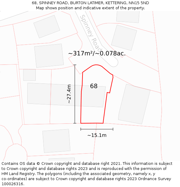 68, SPINNEY ROAD, BURTON LATIMER, KETTERING, NN15 5ND: Plot and title map