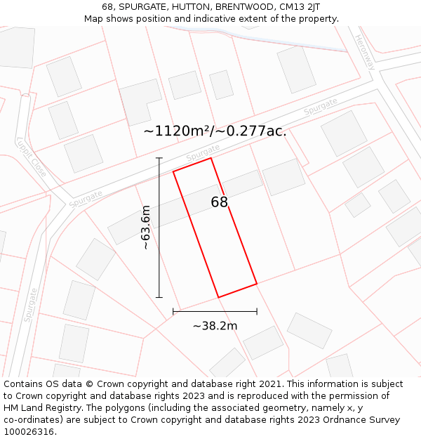 68, SPURGATE, HUTTON, BRENTWOOD, CM13 2JT: Plot and title map