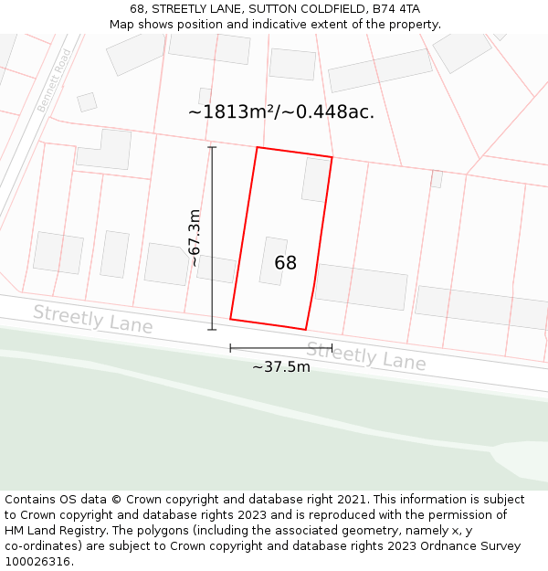 68, STREETLY LANE, SUTTON COLDFIELD, B74 4TA: Plot and title map