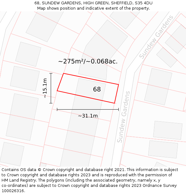 68, SUNDEW GARDENS, HIGH GREEN, SHEFFIELD, S35 4DU: Plot and title map