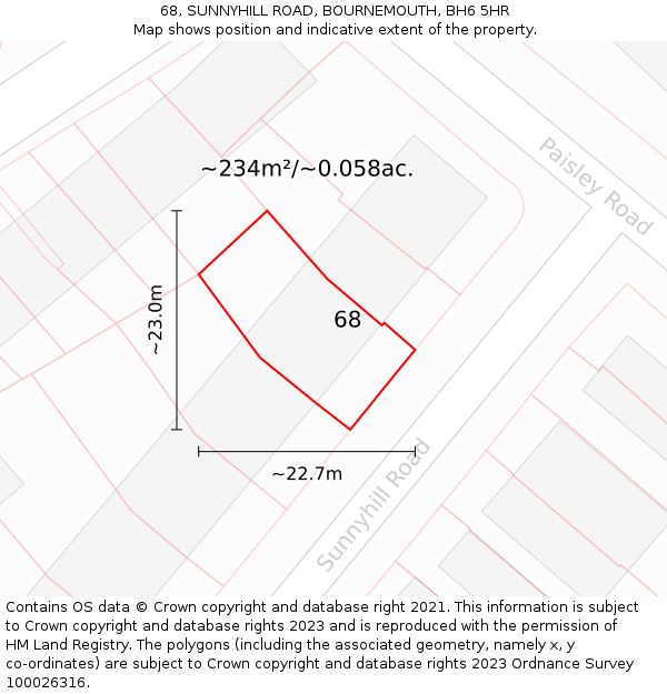 68, SUNNYHILL ROAD, BOURNEMOUTH, BH6 5HR: Plot and title map