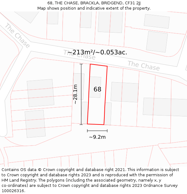 68, THE CHASE, BRACKLA, BRIDGEND, CF31 2JJ: Plot and title map