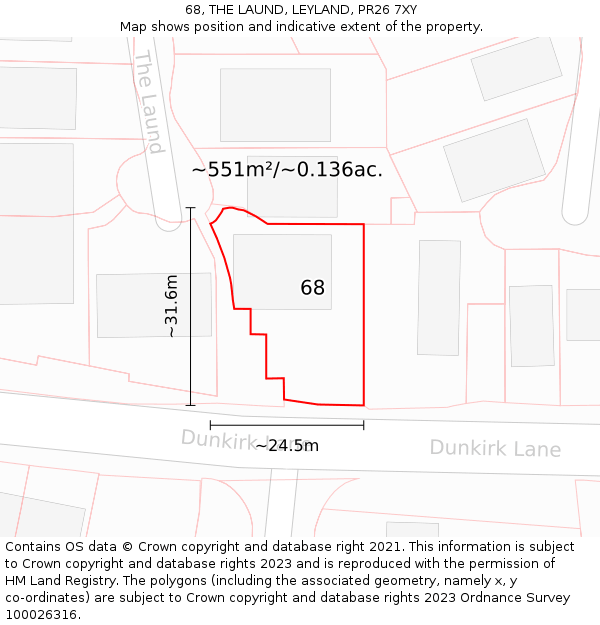 68, THE LAUND, LEYLAND, PR26 7XY: Plot and title map