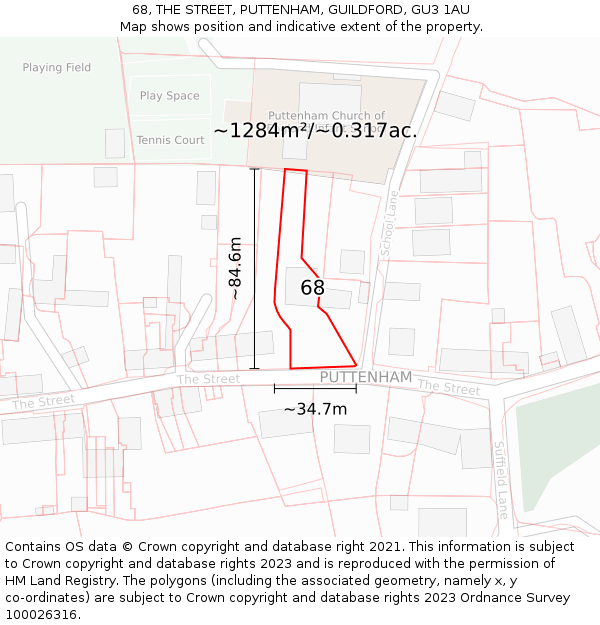 68, THE STREET, PUTTENHAM, GUILDFORD, GU3 1AU: Plot and title map