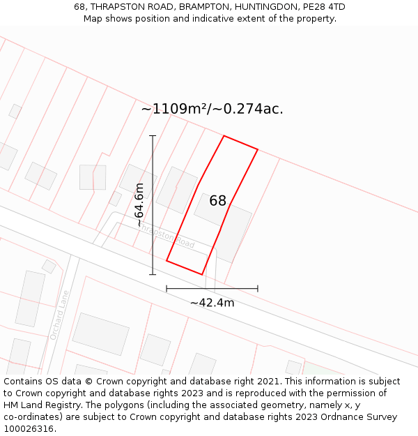 68, THRAPSTON ROAD, BRAMPTON, HUNTINGDON, PE28 4TD: Plot and title map