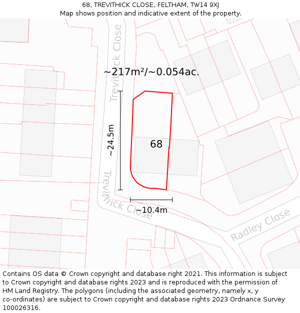 68, TREVITHICK CLOSE, FELTHAM, TW14 9XJ: Plot and title map