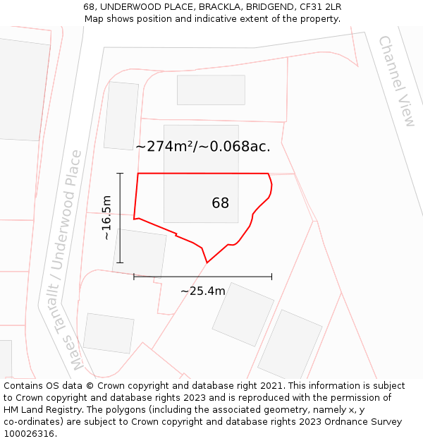 68, UNDERWOOD PLACE, BRACKLA, BRIDGEND, CF31 2LR: Plot and title map