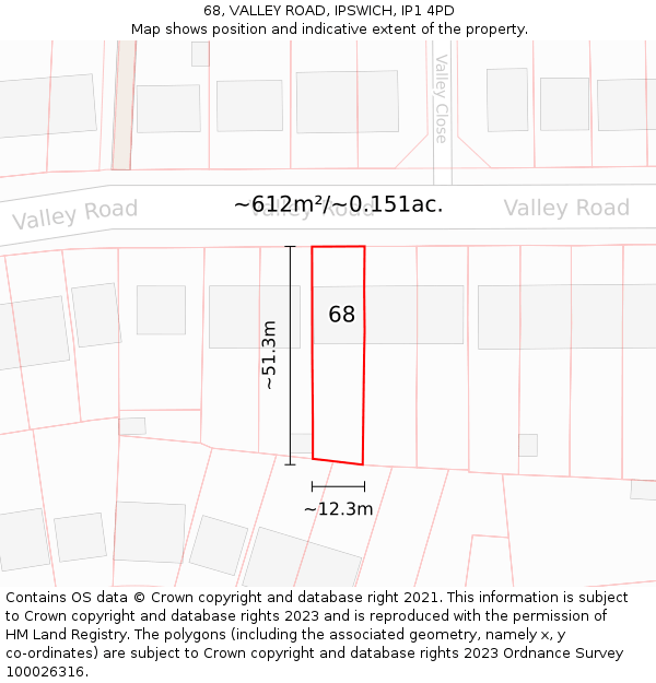 68, VALLEY ROAD, IPSWICH, IP1 4PD: Plot and title map