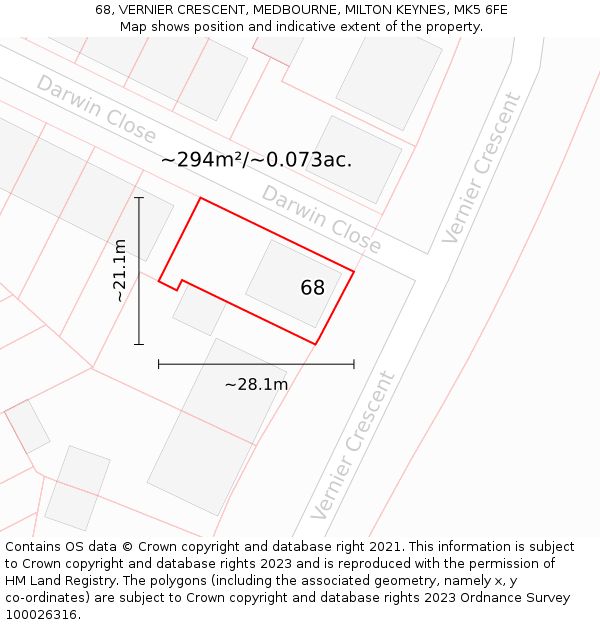 68, VERNIER CRESCENT, MEDBOURNE, MILTON KEYNES, MK5 6FE: Plot and title map