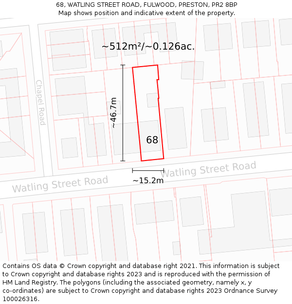 68, WATLING STREET ROAD, FULWOOD, PRESTON, PR2 8BP: Plot and title map