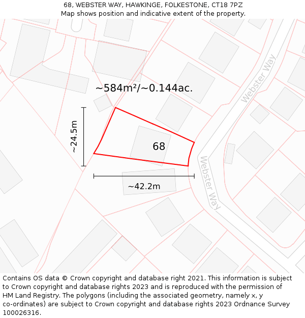 68, WEBSTER WAY, HAWKINGE, FOLKESTONE, CT18 7PZ: Plot and title map