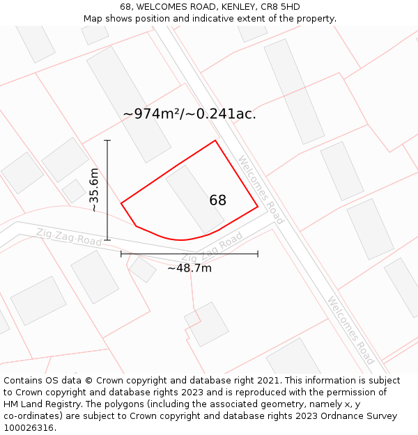68, WELCOMES ROAD, KENLEY, CR8 5HD: Plot and title map