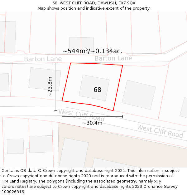 68, WEST CLIFF ROAD, DAWLISH, EX7 9QX: Plot and title map