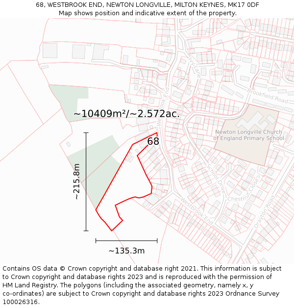 68, WESTBROOK END, NEWTON LONGVILLE, MILTON KEYNES, MK17 0DF: Plot and title map