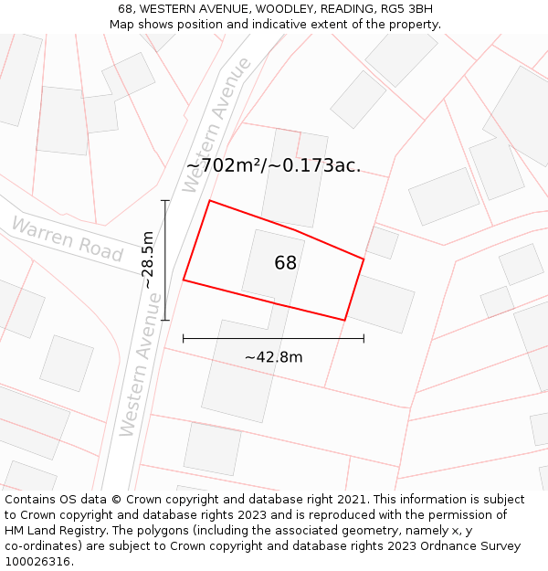 68, WESTERN AVENUE, WOODLEY, READING, RG5 3BH: Plot and title map