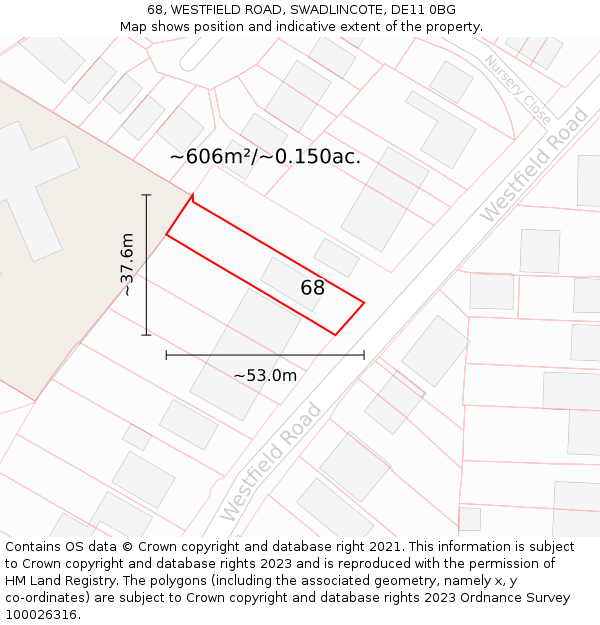 68, WESTFIELD ROAD, SWADLINCOTE, DE11 0BG: Plot and title map
