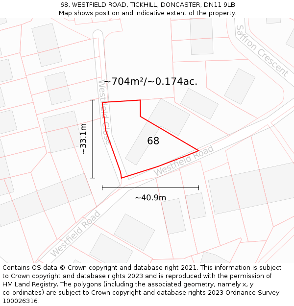 68, WESTFIELD ROAD, TICKHILL, DONCASTER, DN11 9LB: Plot and title map