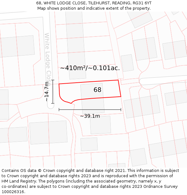 68, WHITE LODGE CLOSE, TILEHURST, READING, RG31 6YT: Plot and title map
