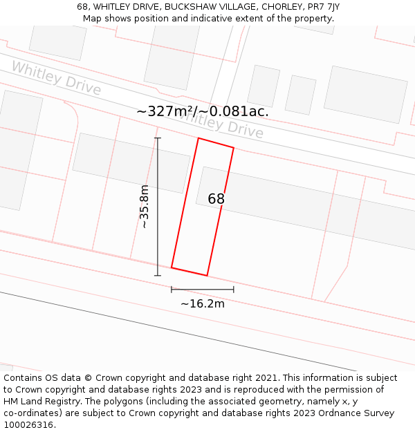 68, WHITLEY DRIVE, BUCKSHAW VILLAGE, CHORLEY, PR7 7JY: Plot and title map