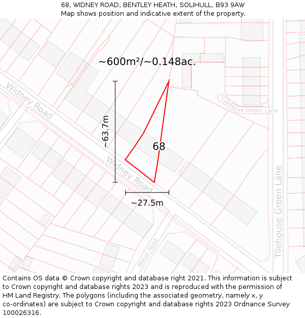 68, WIDNEY ROAD, BENTLEY HEATH, SOLIHULL, B93 9AW: Plot and title map