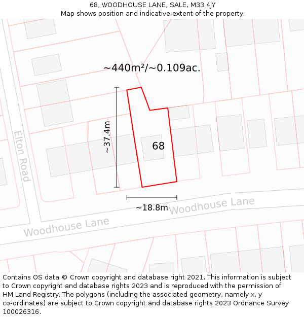 68, WOODHOUSE LANE, SALE, M33 4JY: Plot and title map