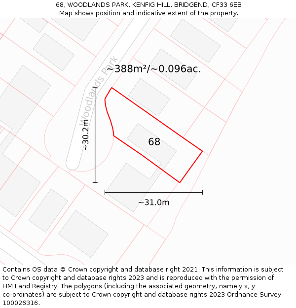 68, WOODLANDS PARK, KENFIG HILL, BRIDGEND, CF33 6EB: Plot and title map