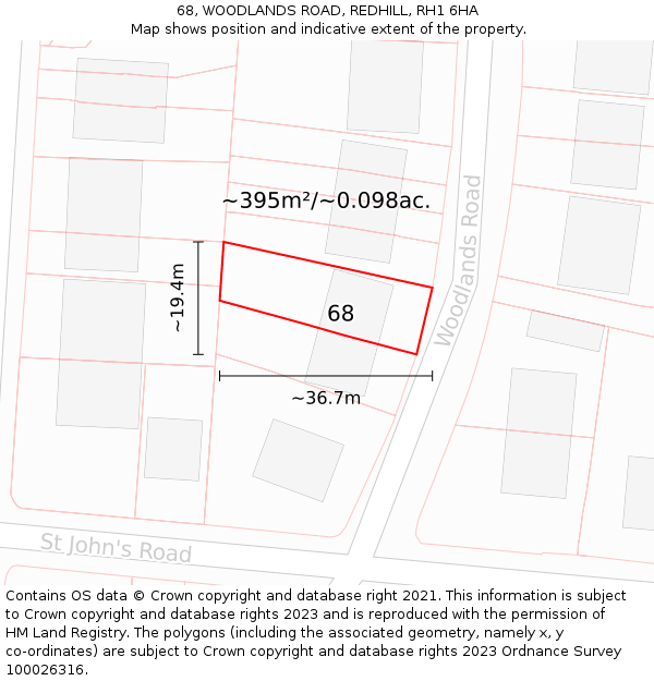 68, WOODLANDS ROAD, REDHILL, RH1 6HA: Plot and title map