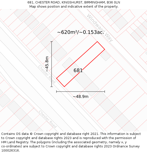 681, CHESTER ROAD, KINGSHURST, BIRMINGHAM, B36 0LN: Plot and title map