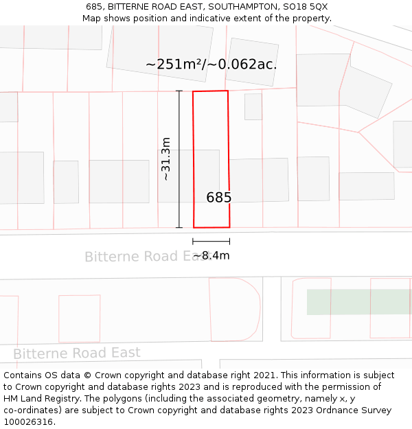 685, BITTERNE ROAD EAST, SOUTHAMPTON, SO18 5QX: Plot and title map