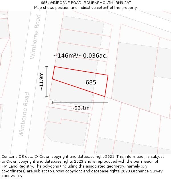 685, WIMBORNE ROAD, BOURNEMOUTH, BH9 2AT: Plot and title map