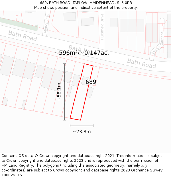689, BATH ROAD, TAPLOW, MAIDENHEAD, SL6 0PB: Plot and title map