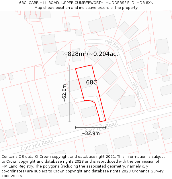 68C, CARR HILL ROAD, UPPER CUMBERWORTH, HUDDERSFIELD, HD8 8XN: Plot and title map