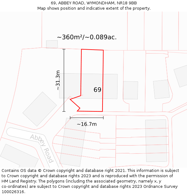 69, ABBEY ROAD, WYMONDHAM, NR18 9BB: Plot and title map