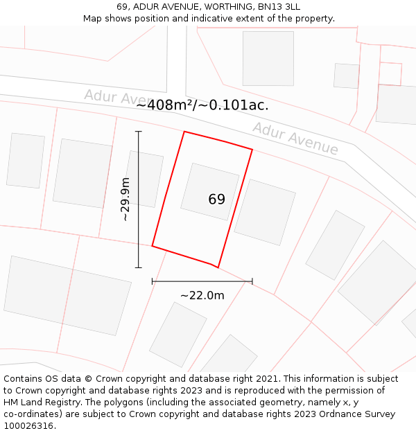 69, ADUR AVENUE, WORTHING, BN13 3LL: Plot and title map