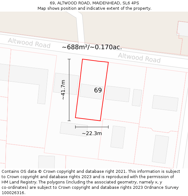 69, ALTWOOD ROAD, MAIDENHEAD, SL6 4PS: Plot and title map